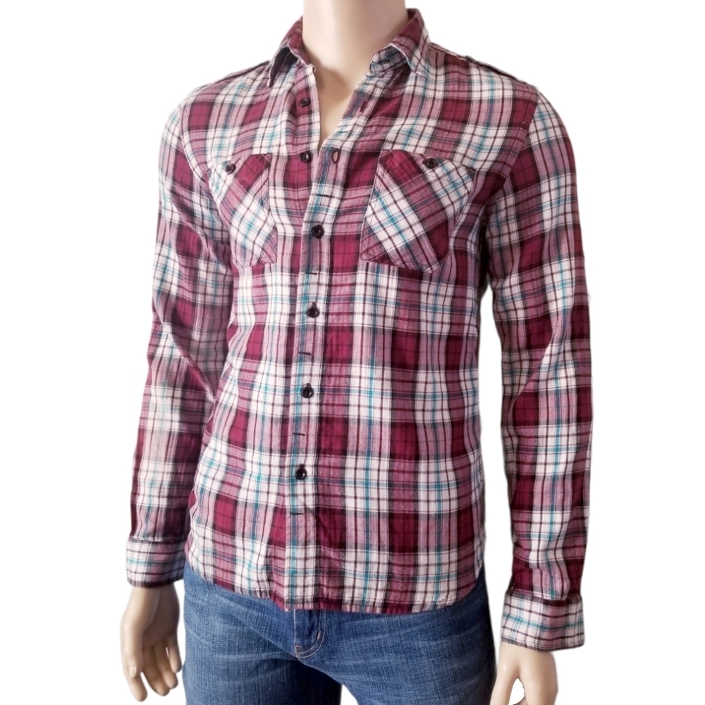 All Son (Urban Outfitters) Plaid Red, White & Blue Button Down Flannel Shirt
